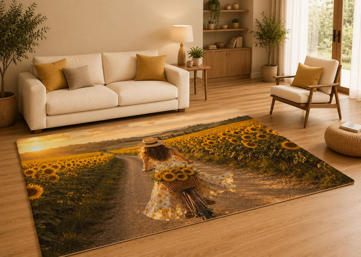ICE ARMOR 5' x 7' Sunflower Field Bicycle Area Rug with Non-Slip Silicone Backing Low Pile Soft Carpet for Living Room Bedroom Rustic Farmhouse Decor
