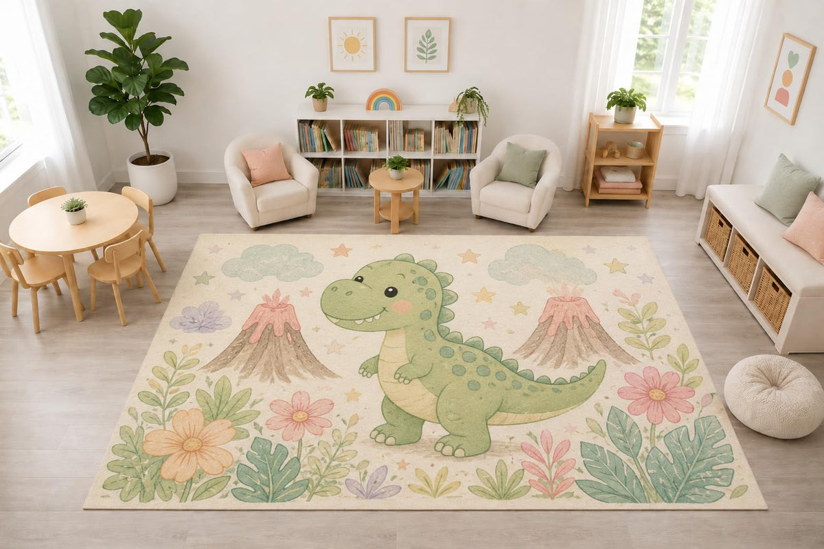 ICE ARMOR "Ultra Light Weight Large 6'7" x 9'10" Green Dinosaur Volcano Rug, Soft Low Pile Indoor Rug, Non-Slip Silicone Backing Nursery Kids Cream