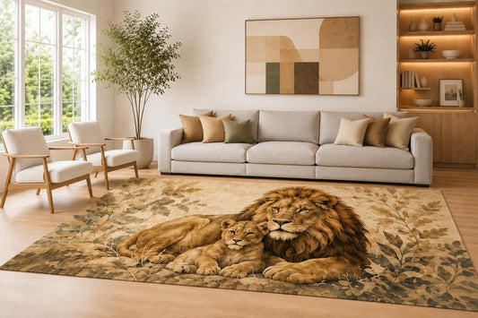 ICE ARMOR Large 6'7" x 9'10" Beige and Brown Lion Bond Area Rug for Living Room, Soft Low Pile Carpet with Non-Slip Silicone Backing, Decor for Bedroom Dining Room and Home Office