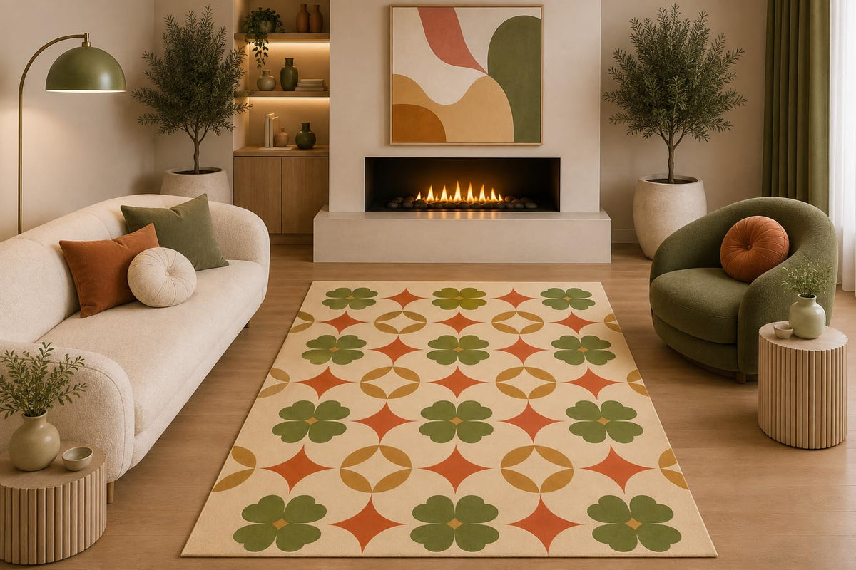 ICE ARMOR 5' x 7' Retro Floral Geometric Area Rug Mid Century Clover Star Pattern Cream Olive Green Orange Mustard for Living Room Bedroom Non-Slip Silicone Backing Low Pile