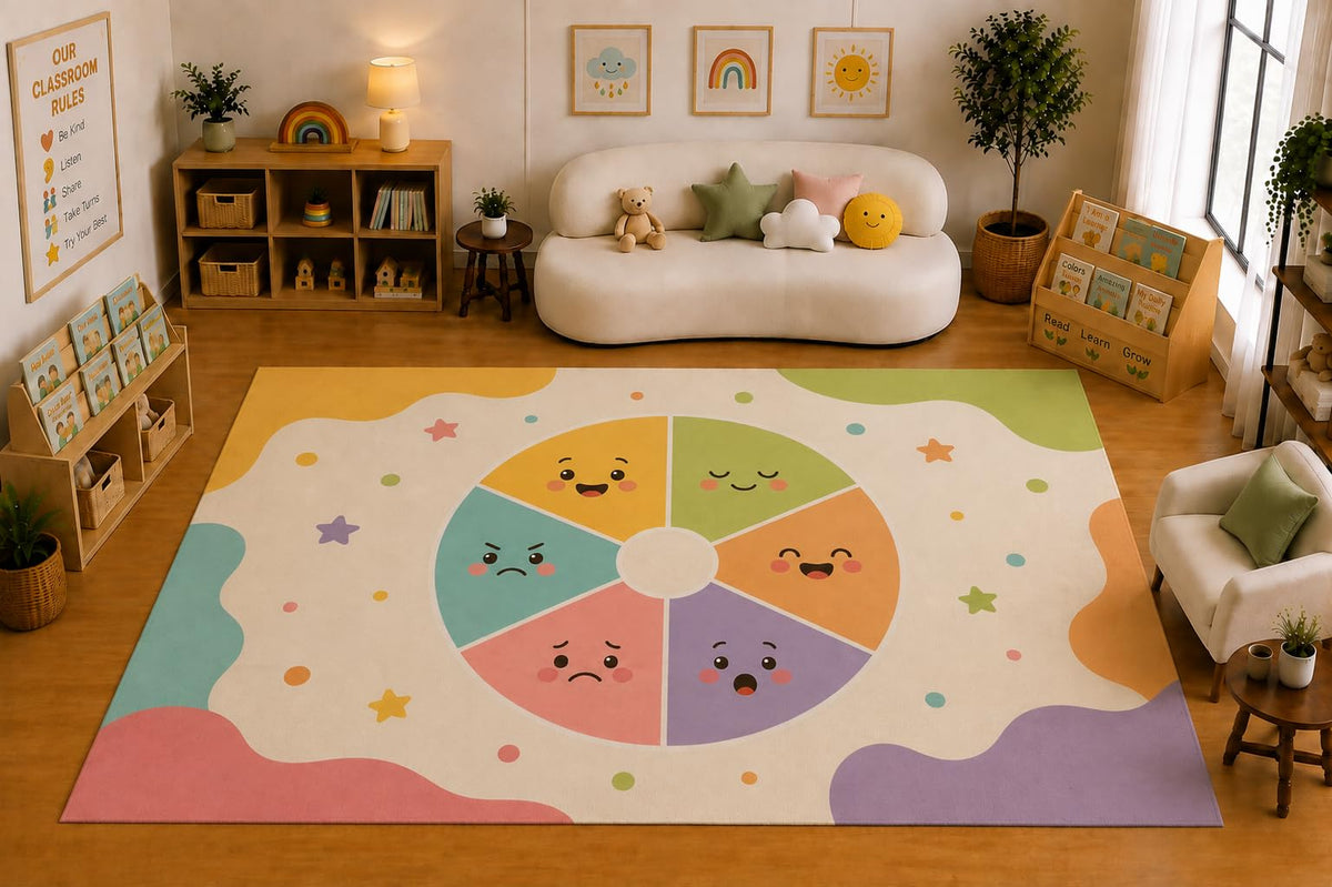ICE ARMOR Large 6'7" x 9'10" Emotions Wheel Feelings Learning Area Rug for for Kids Room, Classroom, Bedroom, Playroom Decor, Soft Low Pile Indoor Rug with Non-Slip Silicone Backing, Cream Pastel