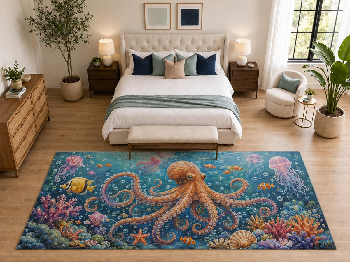 ICE ARMOR "Ultra Light Weight Large 6'7" x 9'10" Octopus Jellyfish Reef Rug for Bedroom, Soft Low Pile Indoor Rug and Non-Slip Silicone Backing, Blue