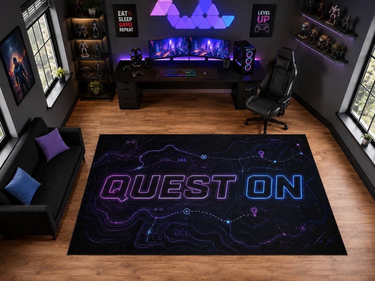 ICE ARMOR "Ultra Light Weight Large 6'7" x 9'10" Quest On Gaming Map Area Rug for Gaming Room Decor, Soft Low Pile Indoor Rug with Non-Slip Silicone Backing, Black Purple Blue