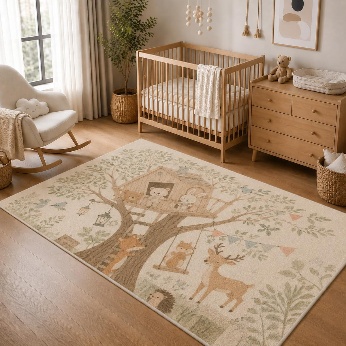 ICE ARMOR 5' x 7' Woodland Treehouse Friends Area Rug, Soft Low Pile Indoor Rug with Non-Slip Silicone Backing, Nursery Carpet for Kids Room, Playroom, Kids and Pets, Beige Green
