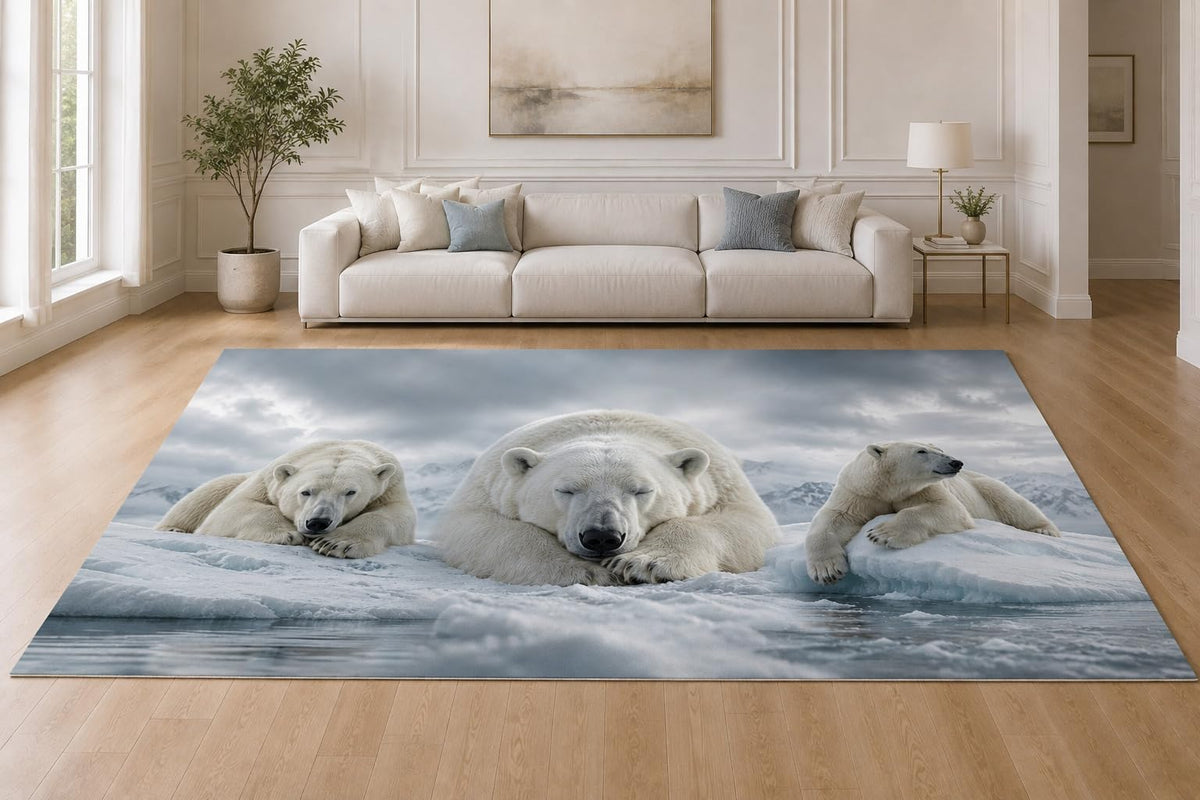 ICE ARMOR "Ultra Lightweight Large 6'7" x 9'10" Resting Polar Bears Area Rug for Living Room, Bedroom and Home Office, Soft Low Pile Carpet with Non-Slip Silicone Backing, White and Blue