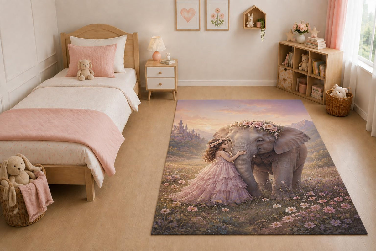 ICE ARMOR "Ultra Light Weight 5' x 7' Princess and Elephant Area Rug for Living Room, Bedroom and Home Office, Soft Low Pile Carpet with Non-Slip Silicone Backing, Pink and Gray
