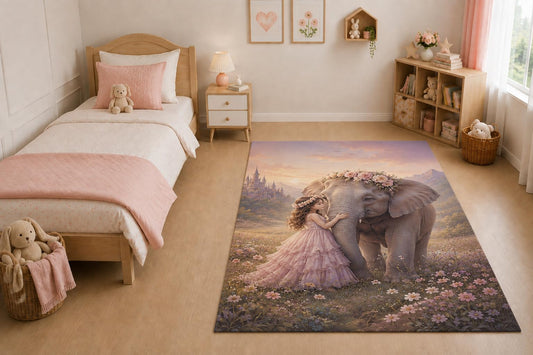 ICE ARMOR "Ultra Light Weight 5' x 7' Princess and Elephant Area Rug for Living Room, Bedroom and Home Office, Soft Low Pile Carpet with Non-Slip Silicone Backing, Pink and Gray