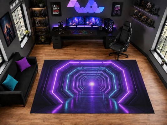 ICE ARMOR "Ultra Light Weight Large 6'7" x 9'10" Purple Neon Tunnel Pattern Area Rug for Playroom Decor, Soft Low Pile Indoor Rug with Non-Slip Silicone Backing, Black Purple Blue