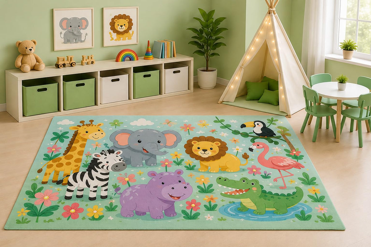 ICE ARMOR 5' x 7' Safari Animal Friends Area Rug for Kids Playroom Nursery Bedroom, Elephant Lion Giraffe Zebra Hippo Crocodile Flamingo Cartoon Decor, Non-Slip Silicone Backing Low Pile