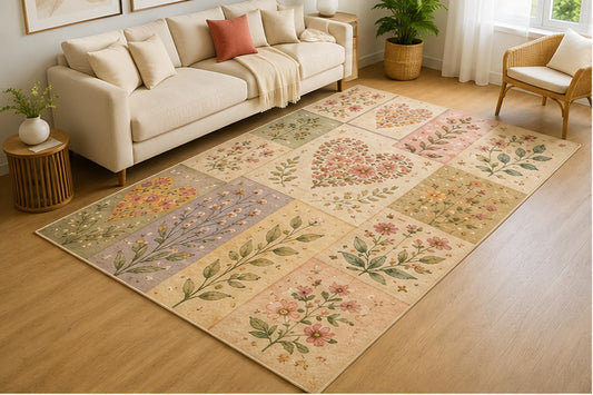 ICE ARMOR 5' x 7' Patchwork Floral Heart Collage Area Rug for Living Room, Soft Low Pile Indoor Rug with Non-Slip Silicone Backing, Decorative Carpet for Bedroom, Office, Family Room, Cream Pastel