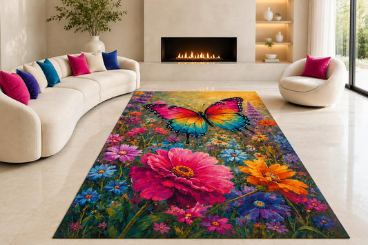 ICE ARMOR "Ultra Lightweight Large 6'7" x 9'10" Rainbow Wings Garden Area Rug for Living Room, Bedroom and Home Office, Soft Low Pile Carpet with Non-Slip Silicone Backing, Pink and Teal