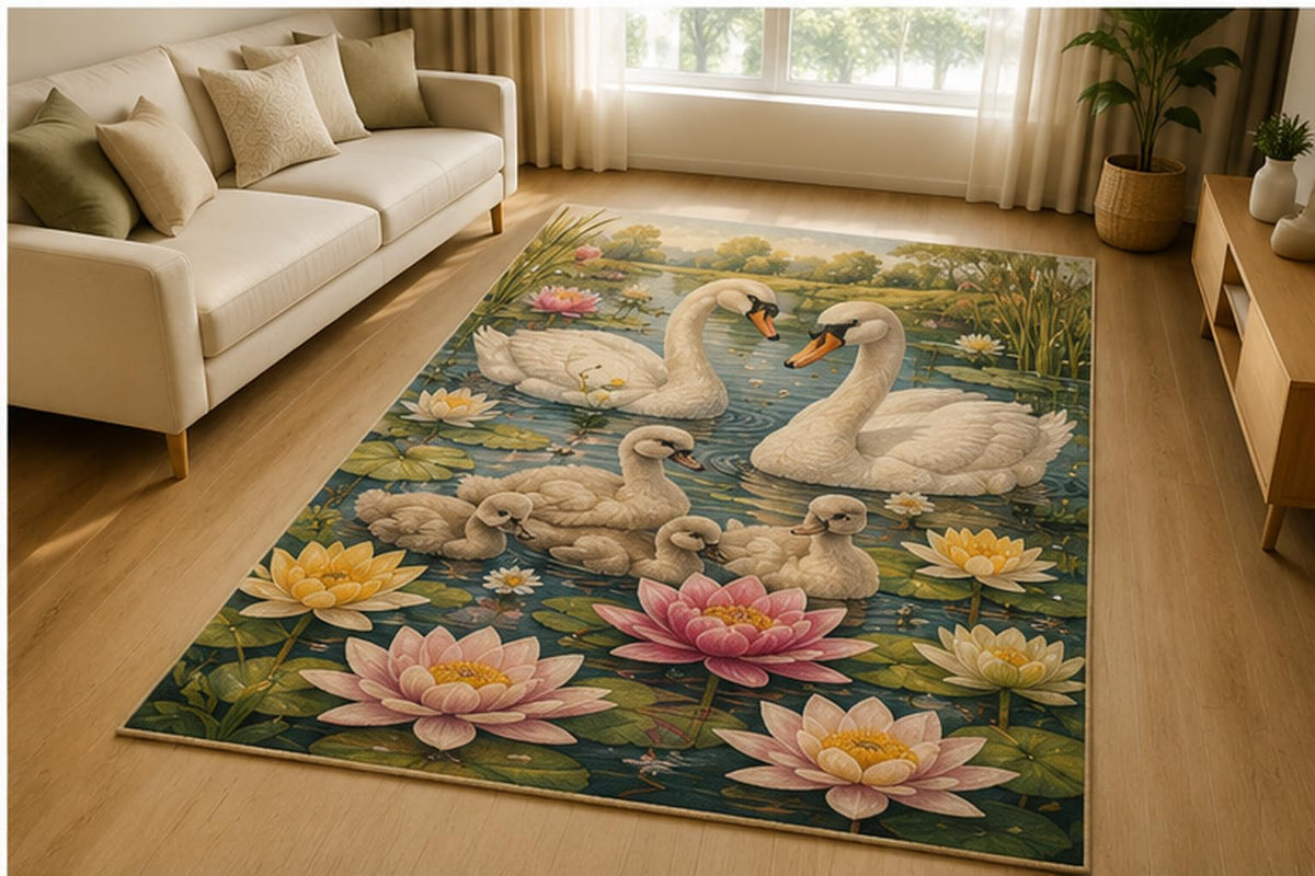ICE ARMOR 5' x 7' Swan Family Lotus Pond Area Rug for Living Room, Soft Low Pile Indoor Rug with Non-Slip Silicone Backing, Peaceful Nature Decor for Bedroom, Nursery, Kids & Pets, White Blue Pink