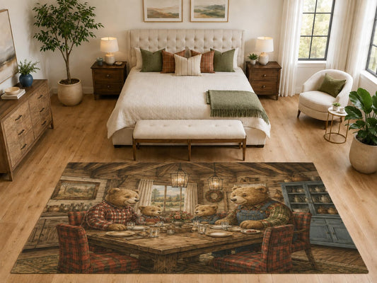 ICE ARMOR "Ultra Light Weight Large 6'7" x 9'10" Bear Farm Dinner Area Rug, Soft Low Pile Indoor Rug, Non-Slip Silicone Backing, Dining Room, Brown