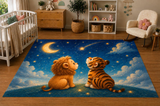 ICE ARMOR 5' x 7' Lion and Tiger Moonlit Sky Area Rug, Soft Low Pile Indoor Rug with Non-Slip Silicone Backing, Nursery, Kids Room, Playroom, Kids & Pets, Blue