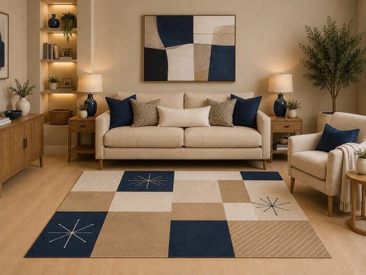 ICE ARMOR "Ultra Light Weight 5' x 7' Mid Century Modern Area Rug Navy Blue Beige Abstract Starburst Block Pattern for Living Room Bedroom Dining Room Office Non-Slip Silicone Backing Low Pile