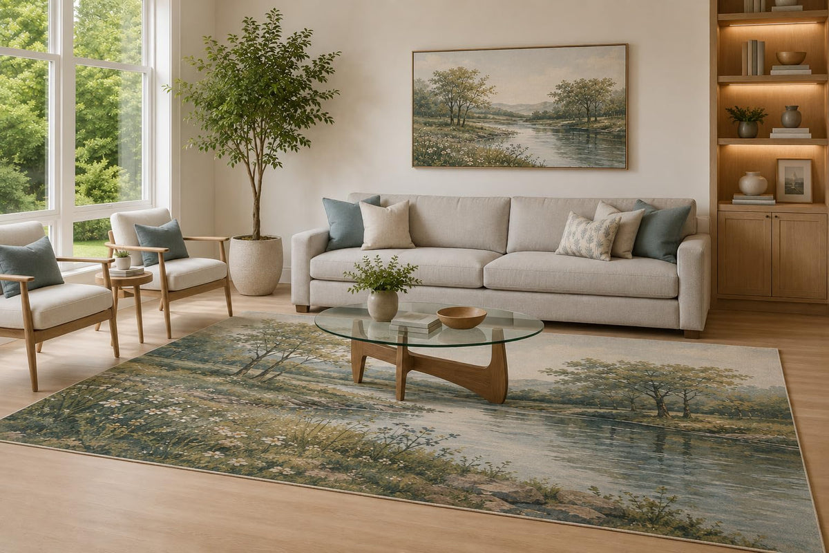 ICE ARMOR Large 6'7" x 9'10" Sage Green and Blue River Meadow Area Rug for Living Room, Soft Low Pile Carpet with Non-Slip Silicone Backing, Decor for Bedroom and Home Office
