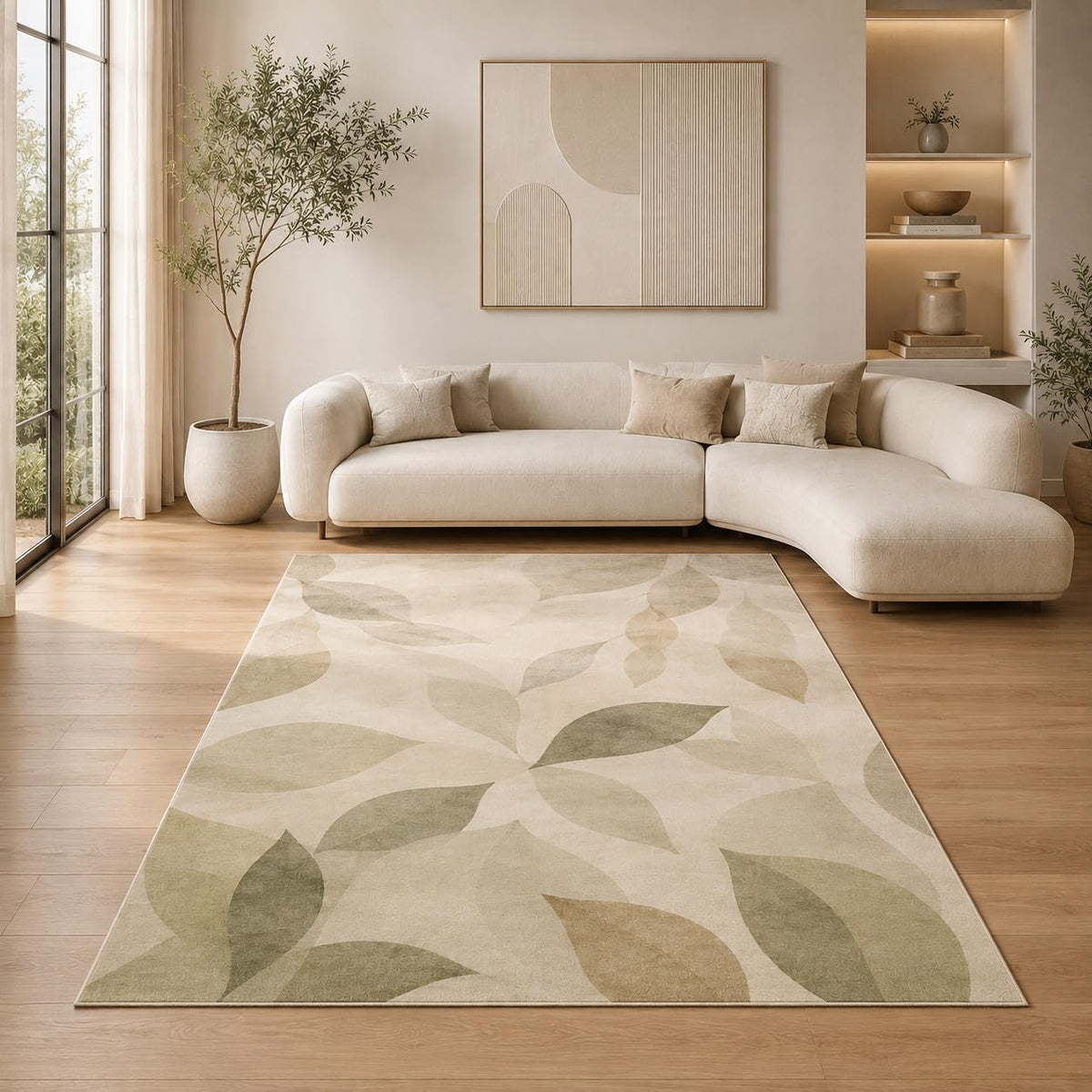 ICE ARMOR 5' x 7' Botanical Leaf Pattern Area Rug for Living Room, Soft Low Pile Indoor Rug with Non-Slip Silicone Backing, Decorative Carpet for Bedroom, Nursery, Family Room, Sage Green