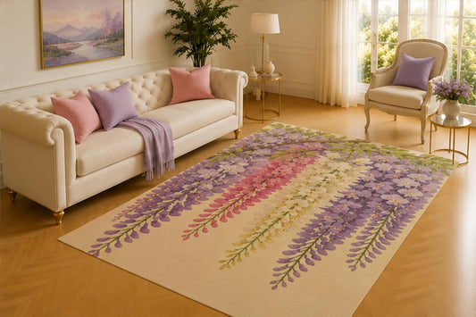 ICE ARMOR 5' x 7' Wisteria Cascade Rug, Draping Purple, Pink and Cream Blossoms Flowing from Arching Branches, Serene Feature for Meditation Space, Office or Den