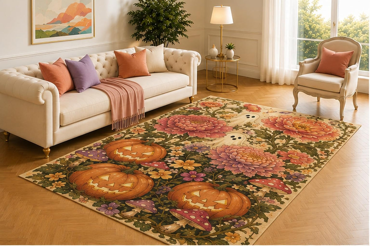 ICE ARMOR 5' x 7' Pumpkin Ghost Garden Rug, Cream Botanical Pattern with Jack O Lanterns, Mushrooms and Peonies, Festive Halloween Decor for Living Room or Entryway