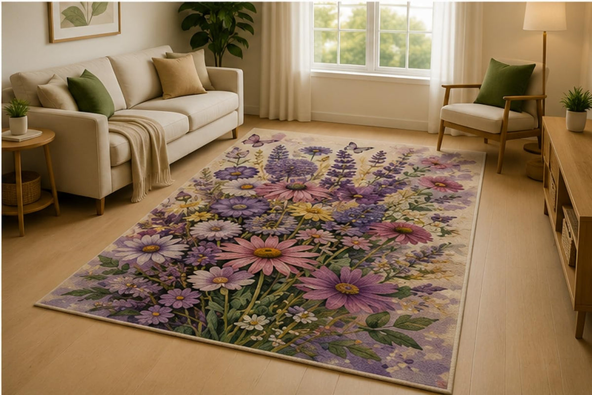 ICE ARMOR 5' x 7' Lavender Daisy Meadow Area Rug for Living Room, Soft Low Pile Indoor Rug with Non-Slip Silicone Backing, Bedroom, Kids & Pets, Purple White