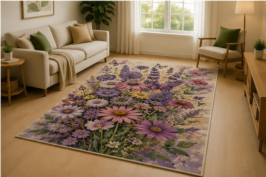 ICE ARMOR 5' x 7' Lavender Daisy Meadow Area Rug for Living Room, Soft Low Pile Indoor Rug with Non-Slip Silicone Backing, Bedroom, Kids & Pets, Purple White