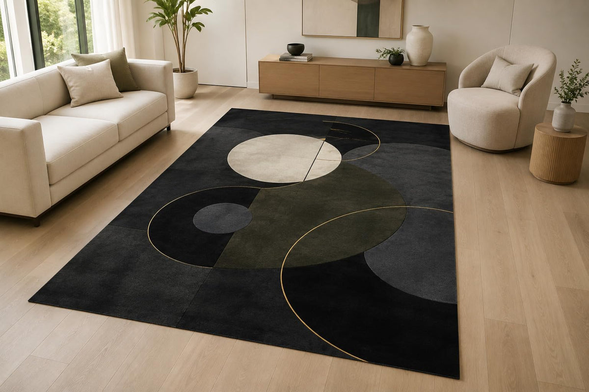 ICE ARMOR "Ultra Light Weight Large 6'7" x 9'10" Abstract Geometric Circle Area Rug, Soft Low Pile Indoor Rug with Non-Slip Silicone Backing for Living Room, Black Gray