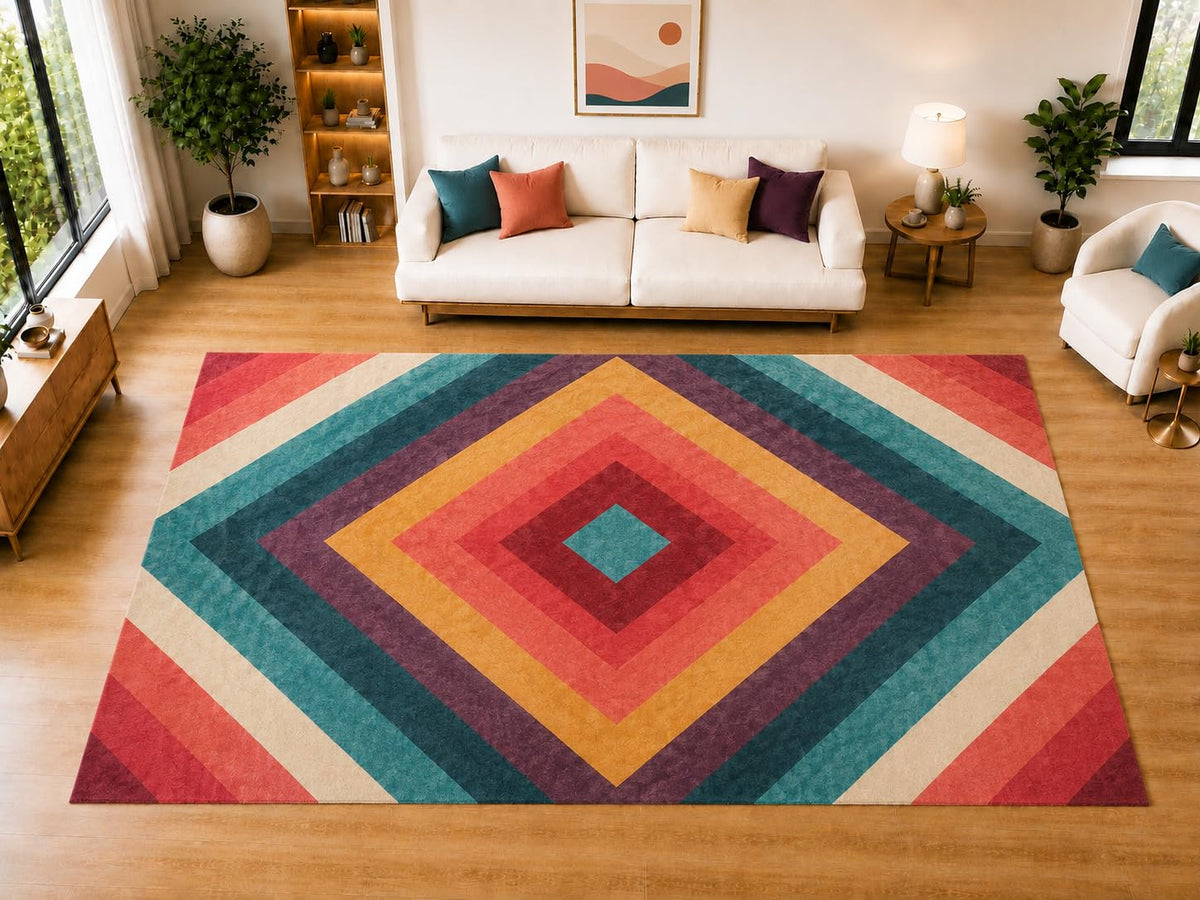 ICE ARMOR "Ultra Light Weight Large 6'7" x 9'10" Diamond Stripe Area Rug for Living Room, Bedroom, Dining Room, Soft Low Pile Non-Slip Backing, Coral Teal Purple