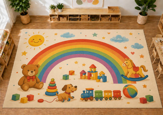 ICE ARMOR Large 6'7" x 9'10" Rainbow Toys Kids Area Rug, Soft Low Pile Indoor Rug with Non-Slip Silicone Backing for Nursery and Playroom, Ivory