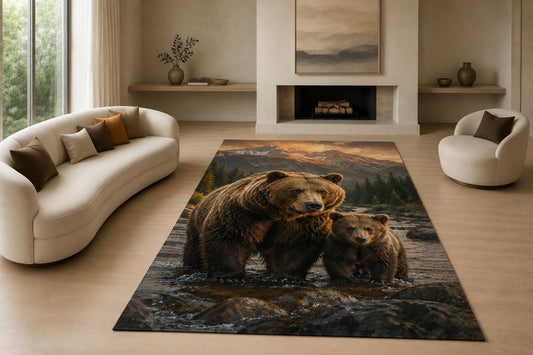 ICE ARMOR "Ultra Lightweight Large 6'7" x 9'10" Brown Bear and Cub Area Rug for Living Room, Bedroom and Home Office, Soft Low Pile Carpet with Non-Slip Silicone Backing, Brown and Black