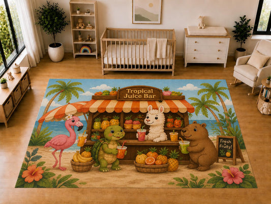 ICE ARMOR "Ultra Light Weight Large 6'7 x 9'10 Tropical Juice Bar Animals Area Rug for Kids Room Nursery Playroom Soft Low Pile Indoor Carpet Pretend Play Floor Decor