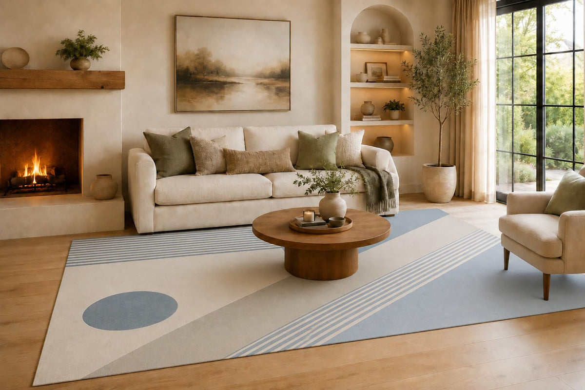 ICE Armor Large 6'7" x 9'10" Light Blue and Ivory Diagonal Circle Bands Area Rug for Living Room, Soft Low Pile Carpet with Non-Slip Silicone Backing, Decor for Bedroom, Dining Area and Home Office