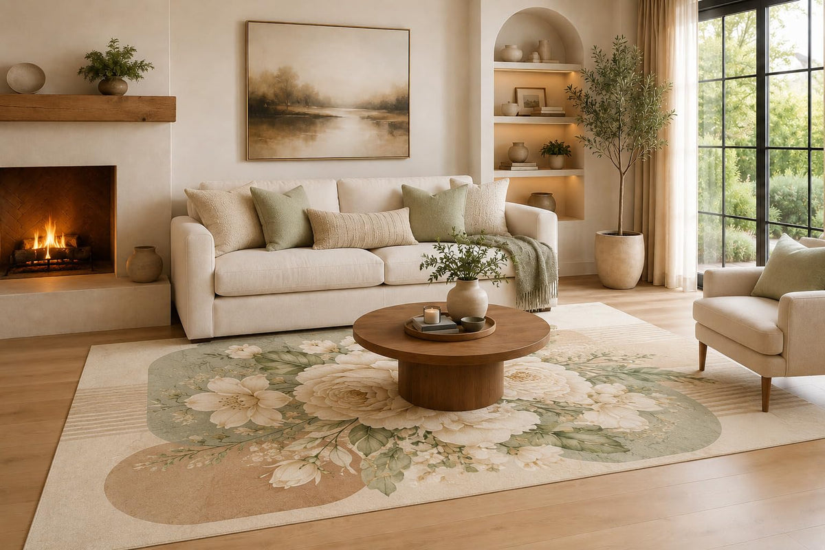 ICE ARMOR Large 6'7" x 9'10" Sage Green and Ivory Rounded Blossom Garden Area Rug for Living Room, Soft Low Pile Carpet with Non-Slip Silicone Backing, Decor for Bedroom, Dining Area and Home Office