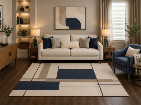 ICE ARMOR 5' x 7' Modern Geometric Grid Area Rug Abstract Blue Beige Contemporary Living Room Bedroom Office Carpet Non-Slip Silicone Backing Low Pile