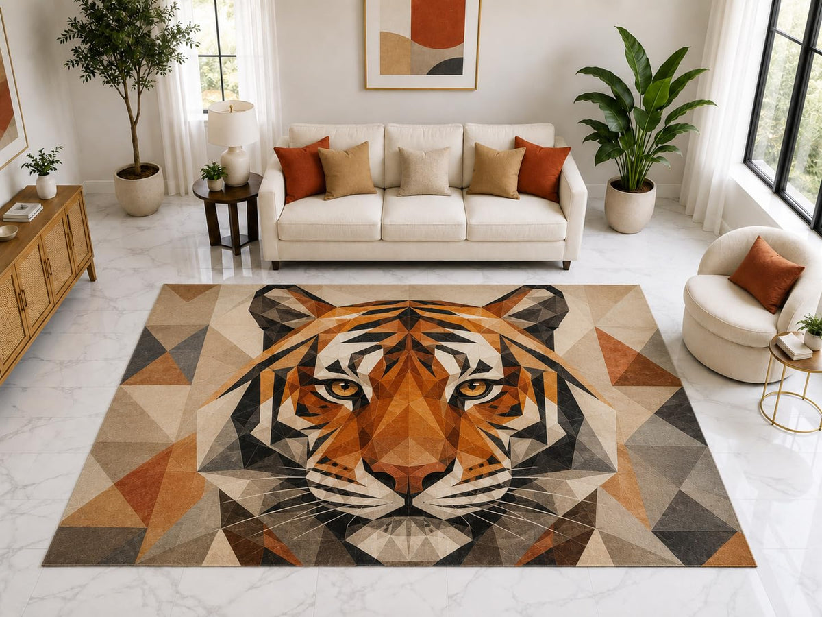 ICE ARMOR "Ultra Light Weight Large 6'7" x 9'10" Geometric Tiger Face Rug, Soft Low Pile Indoor Rug, Non-Slip Silicone Backing for Living Room Orange