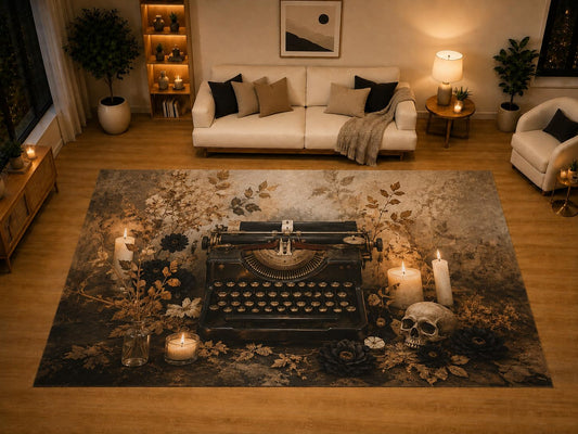 ICE ARMOR "Ultra Light Weight Large 6'7" x 9'10" Vintage Typewriter Skull Candle Area Rug for Living Room Bedroom, Soft Low Pile Non-Slip Backing, Beige Black Dark Academia Decor