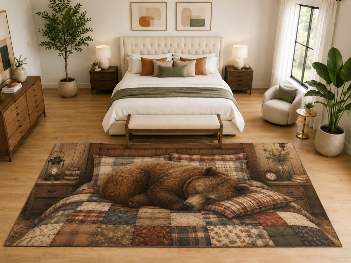 ICE ARMOR "Ultra Light Weight Large 6'7" x 9'10" Sleeping Bear Quilt Area Rug, Soft Low Pile Indoor Rug, Non-Slip Silicone Backing, Bedroom, Brown