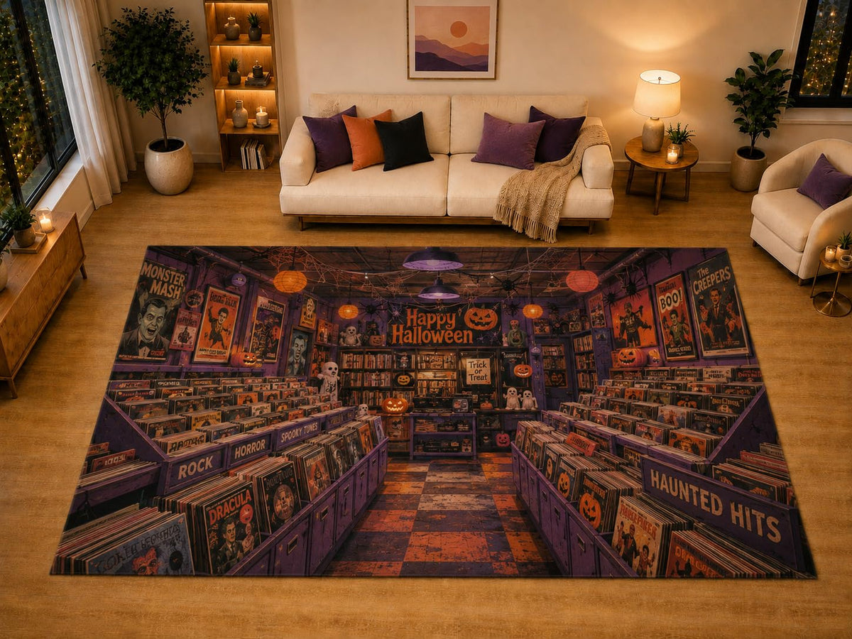 ICE ARMOR "Ultra Light Weight Large 6'7" x 9'10" Halloween Record Store Area Rug for Living Room Bedroom Dining Area, Soft Low Pile Non-Slip Backing, Purple Orange Black Retro Music Decor