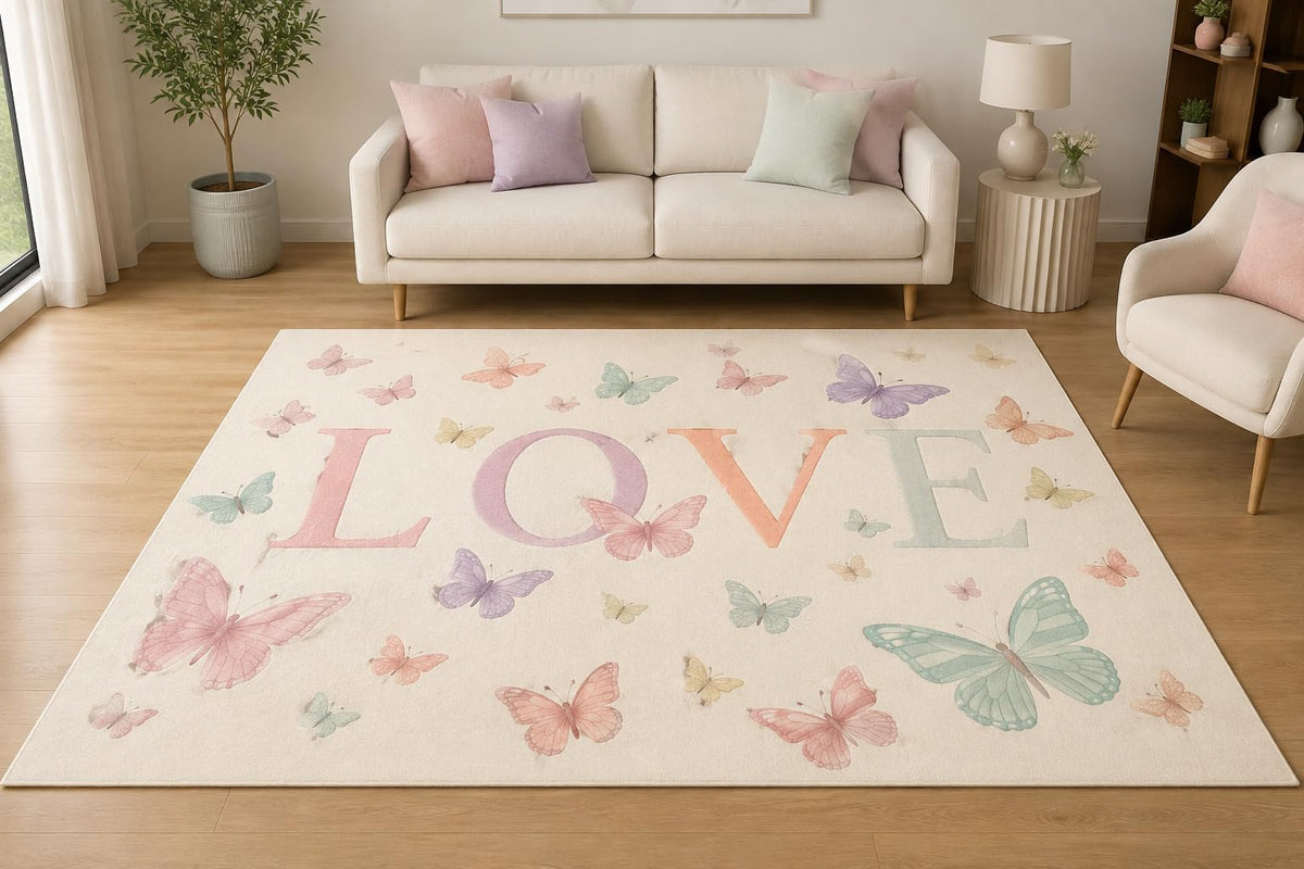 ICE ARMOR 5' x 7' Pastel Butterfly Love Area Rug, Soft Low Pile Indoor Rug with Non-Slip Silicone Backing for Nursery, Kids Room, Playroom, Bedroom, Kids & Pets, Cream Pink Mint