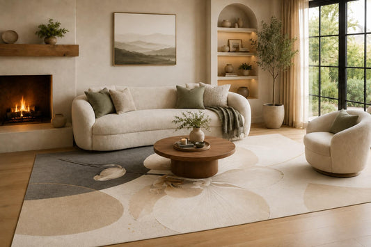 ICE ARMOR 6'7" x 9'10" Cream Gray and Beige Floral Area Rug with Oversized White Blossom and Curved Abstract Shapes, Soft Low Pile Non-Slip Rug for Living Room and Bedroom