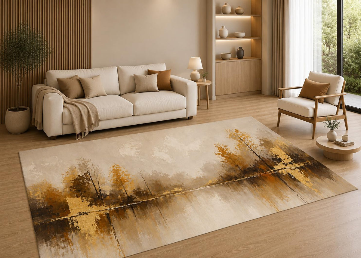 ICE ARMOR 5' x 7' Golden Autumn Lake Landscape Area Rug with Non-Slip Silicone Backing Low Pile Soft Carpet for Living Room Bedroom Office Modern Nature Decor