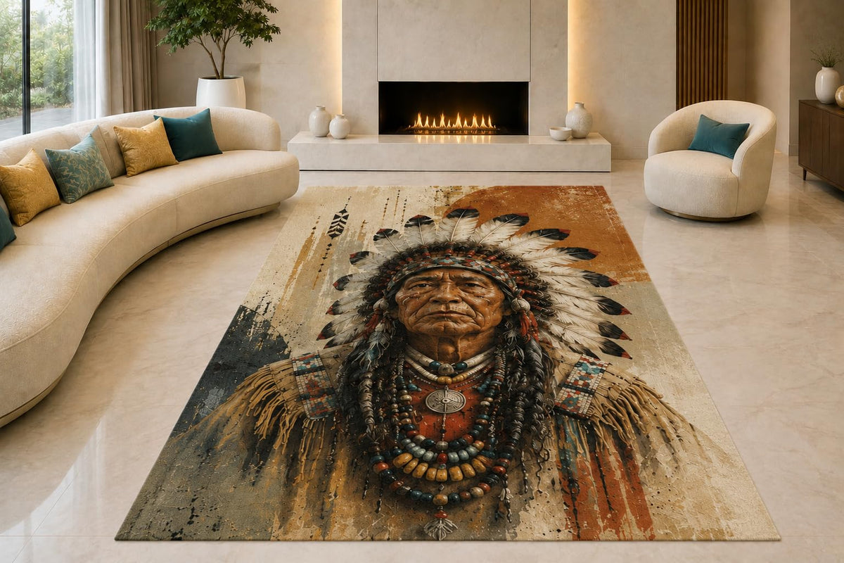ICE ARMOR "Ultra Lightweight Large 6'7" x 9'10" Native American Chief Area Rug for Living Room, Bedroom and Home Office, Soft Low Pile Carpet with Non-Slip Silicone Backing, Brown and Beige