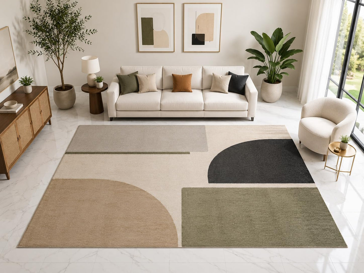 ICE ARMOR "Ultra Light Weight Large 6'7" x 9'10" Minimal Arch Geometric Rug, Soft Low Pile Indoor Rug, Non-Slip Silicone Backing for Office Beige