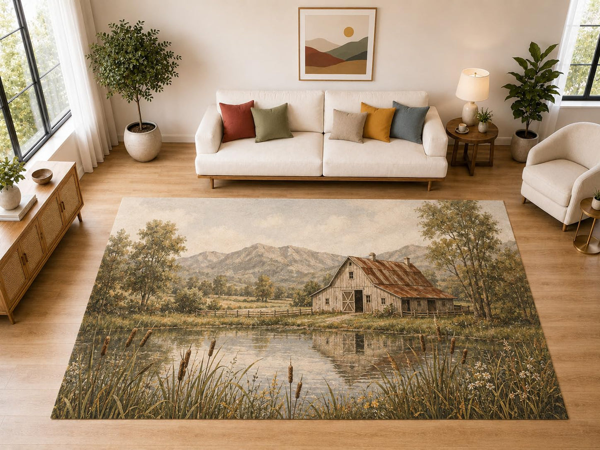 ICE ARMOR "Ultra Light Weight Large 6'7" x 9'10" Barn Pond Mountain Area Rug for Dining, Living Room, Bedroom, Soft Low Pile Indoor Rug with Non-Slip Silicone Backing, Beige Brown