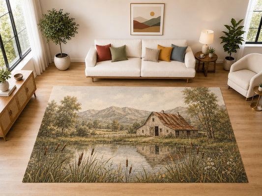 ICE ARMOR "Ultra Light Weight Large 6'7" x 9'10" Barn Pond Mountain Area Rug for Dining, Living Room, Bedroom, Soft Low Pile Indoor Rug with Non-Slip Silicone Backing, Beige Brown