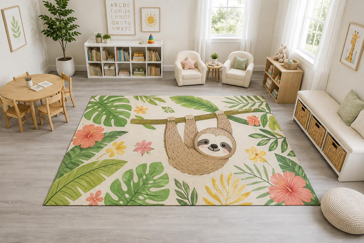 ICE ARMOR "Ultra Light Weight Large 6'7" x 9'10" Tropical Sloth Floral Rug, Soft Low Pile Indoor Rug, Non-Slip Silicone Backing Nursery Kids Green