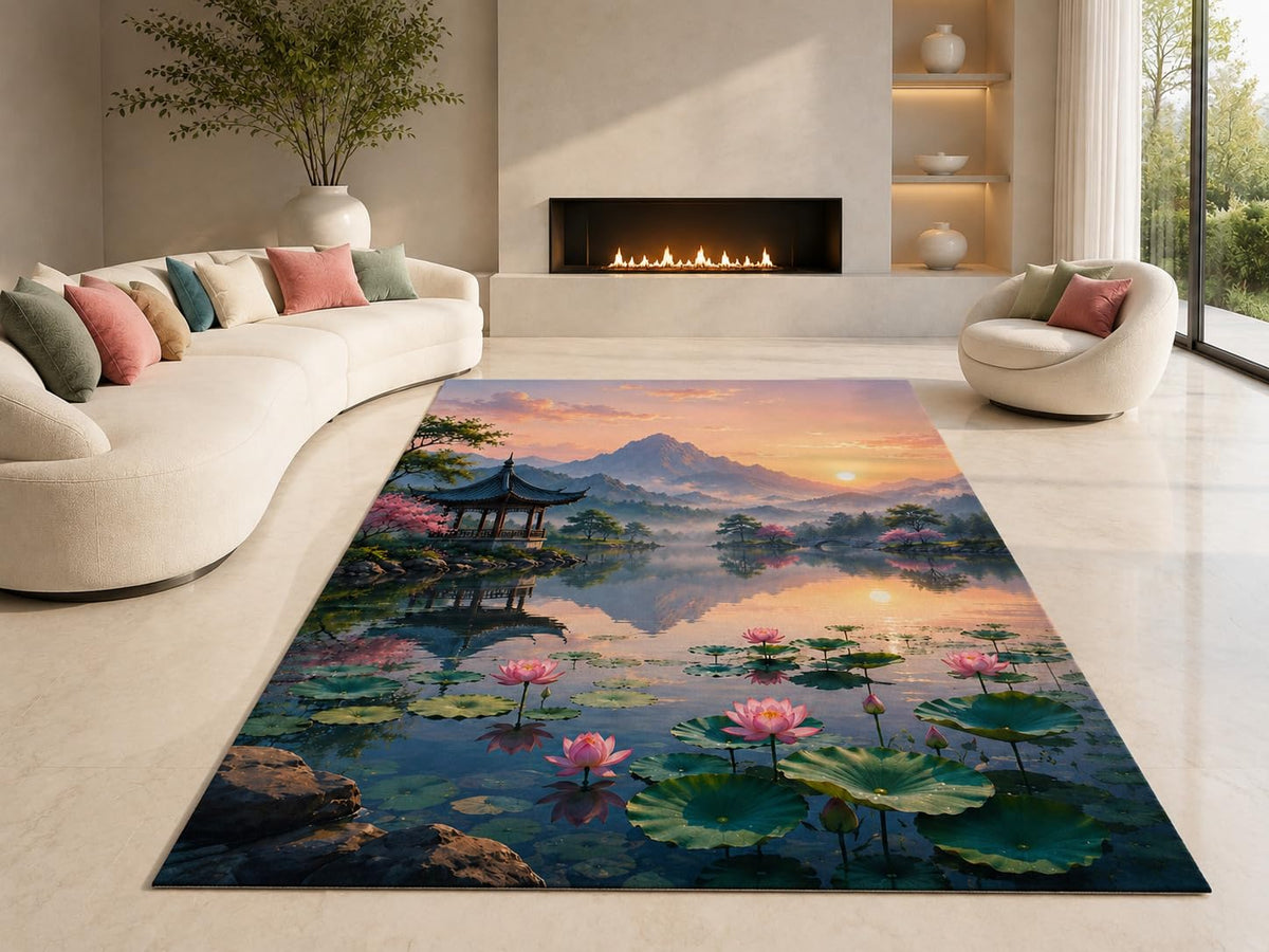 ICE ARMOR "Ultra Lightweight Large 6'7" x 9'10" Lotus Lake Sunset Area Rug for Living Room, Bedroom and Home Office, Soft Low Pile Carpet with Non-Slip Silicone Backing, Blue and Pink