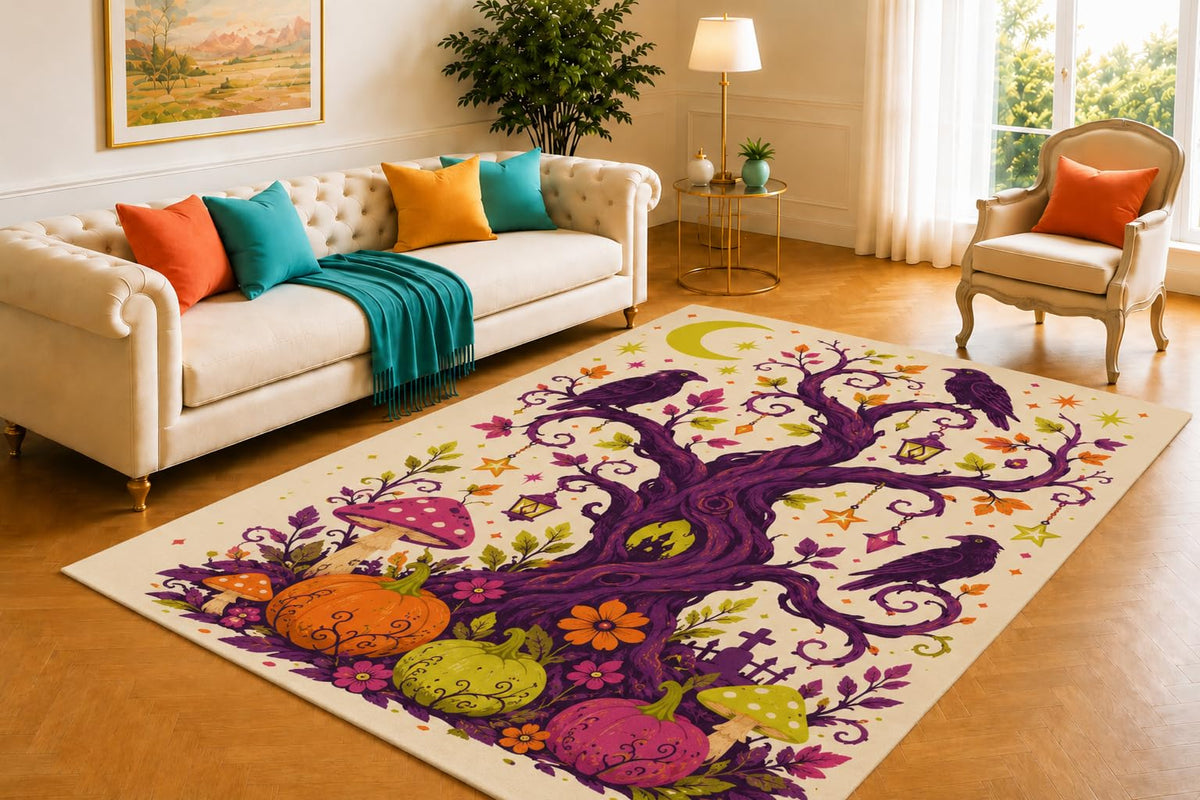 ICE ARMOR 5' x 7' Haunted Tree Raven Rug, Crescent Moon and Twisted Branch Scene, Smooth Printed Floor Cover for Living Room, Office, Library and Gothic Decor
