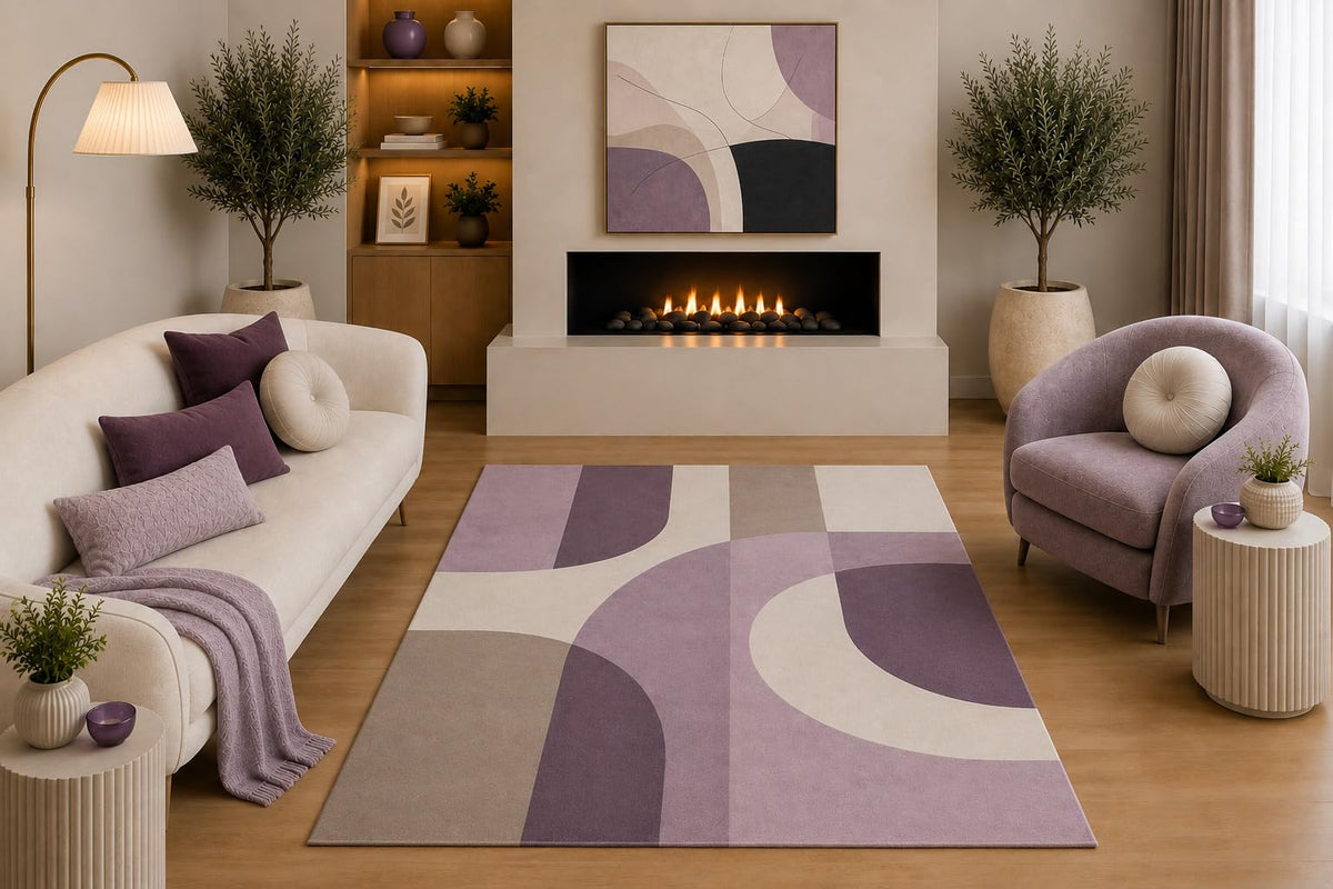 ICE ARMOR "Ultra Light Weight 5' x 7' Modern Abstract Area Rug Lavender Mauve Beige Taupe Curved Geometric Design for Living Room Bedroom Nursery Office Non-Slip Silicone Backing Low Pile