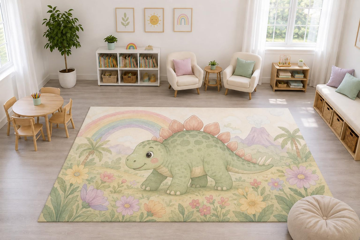 ICE ARMOR "Ultra Light Weight Large 6'7" x 9'10" Stegosaurus Rainbow Rug, Soft Low Pile Indoor Rug, Non-Slip Silicone Backing Nursery Kids Cream