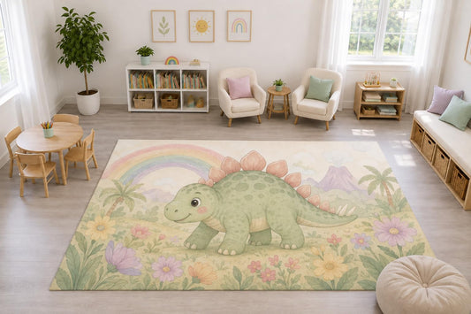 ICE ARMOR "Ultra Light Weight Large 6'7" x 9'10" Stegosaurus Rainbow Rug, Soft Low Pile Indoor Rug, Non-Slip Silicone Backing Nursery Kids Cream